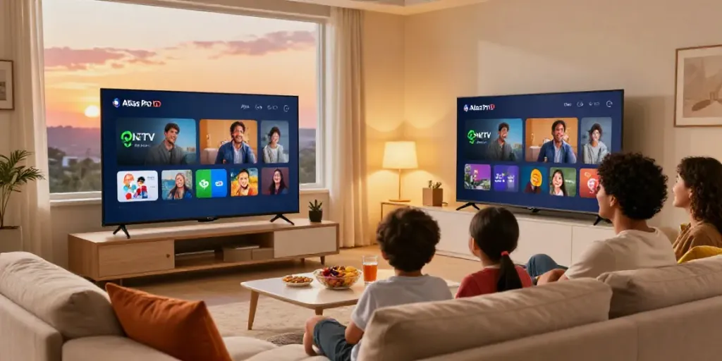 Famille profitant de l'application Atlas Pro ONTV dans un salon moderne, ambiance chaleureuse et conviviale.