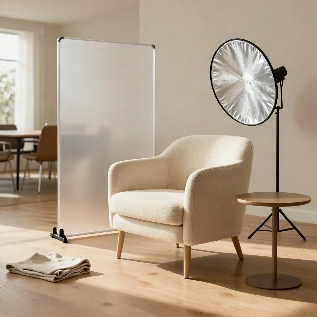 Salle de réunion transformée en mini plateau avec fauteuil crème, diffuseur et lumière douce.