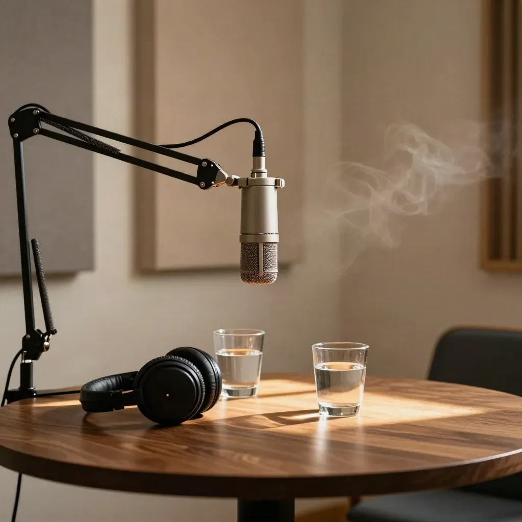 Table ronde de podcast, micro sur bras articulé, casques et verres d’eau dans une ambiance chaleureuse.