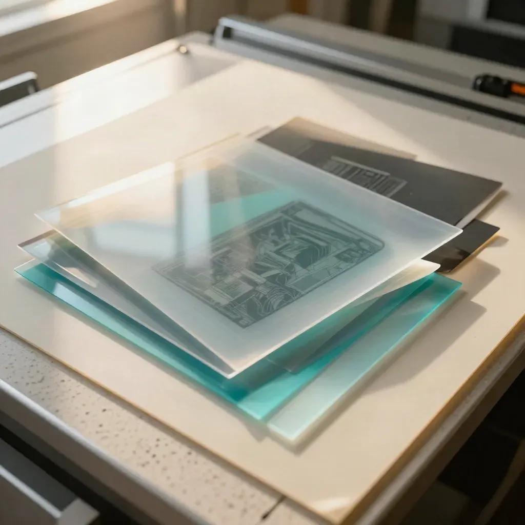 Station de motion design vue du dessus avec calques translucides sur table lumineuse.