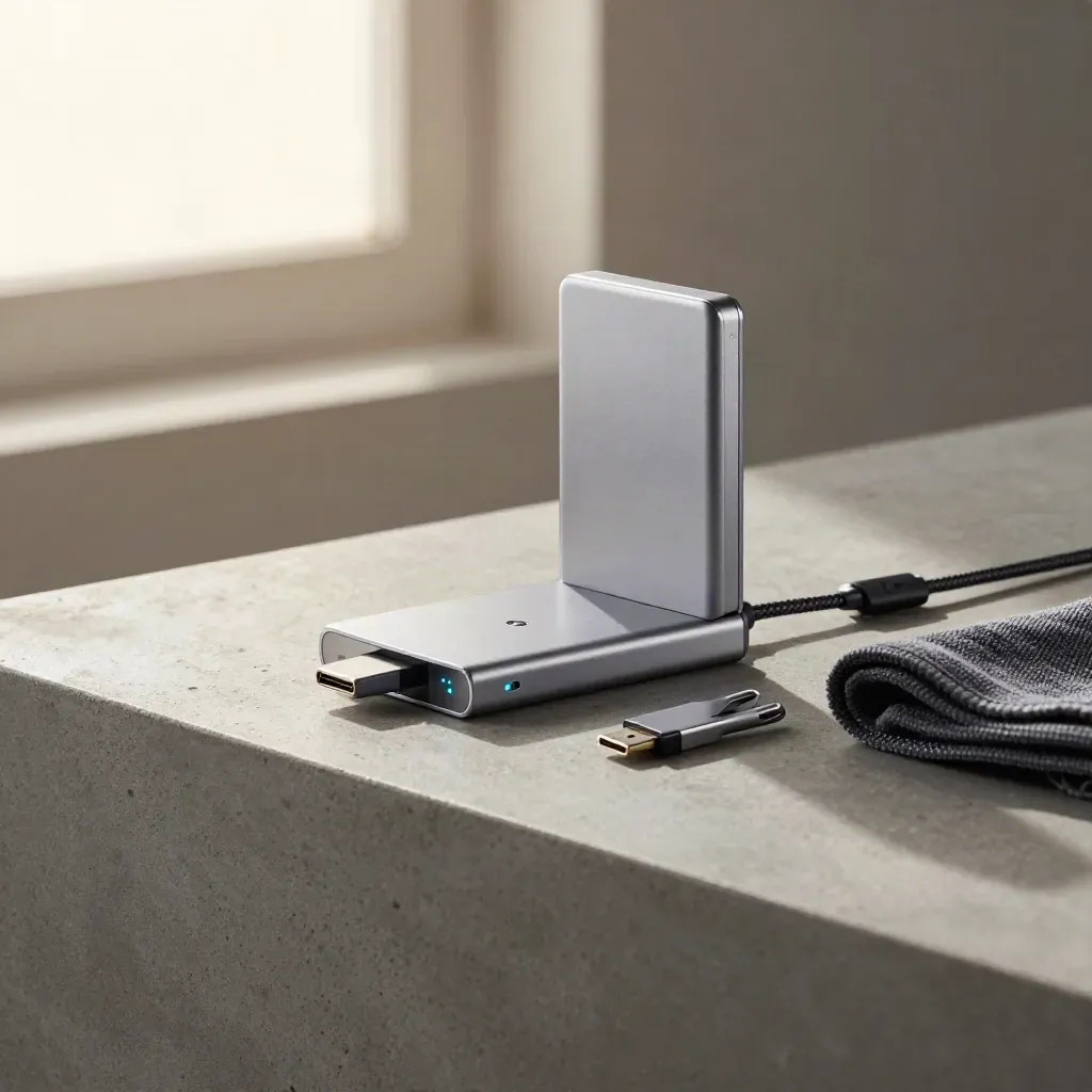 SSD portable argenté sur dock, LED cyan clignotante, sur étagère en béton